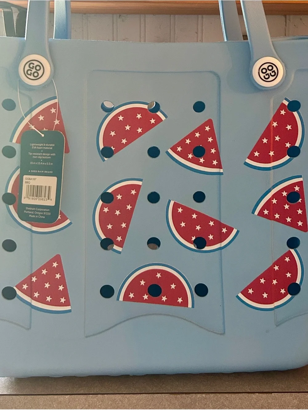 GOGO Light Blue Tote Bag with Red Watermelon Slice Print with stars